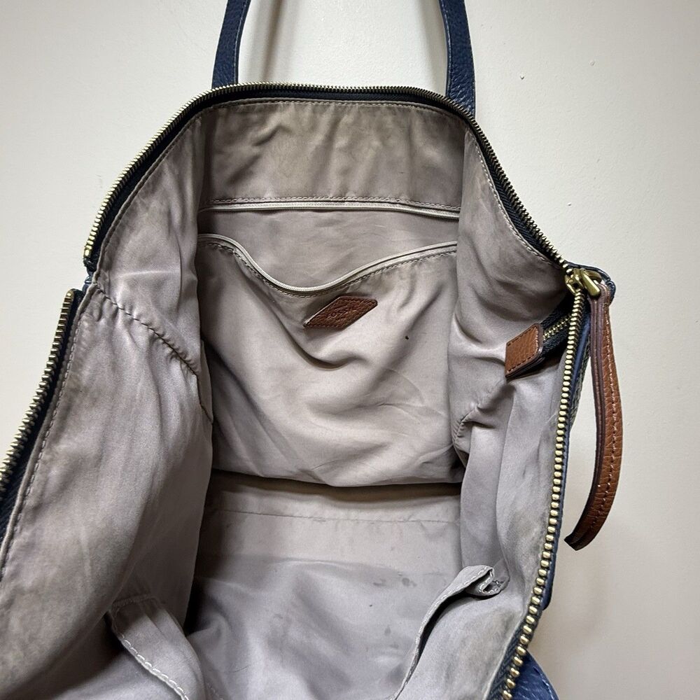VTG Fossil Jenna Denim Navy Blue Pebbled Leather Brown Trim Tote Shoulder Bag - Picture 5 of 9